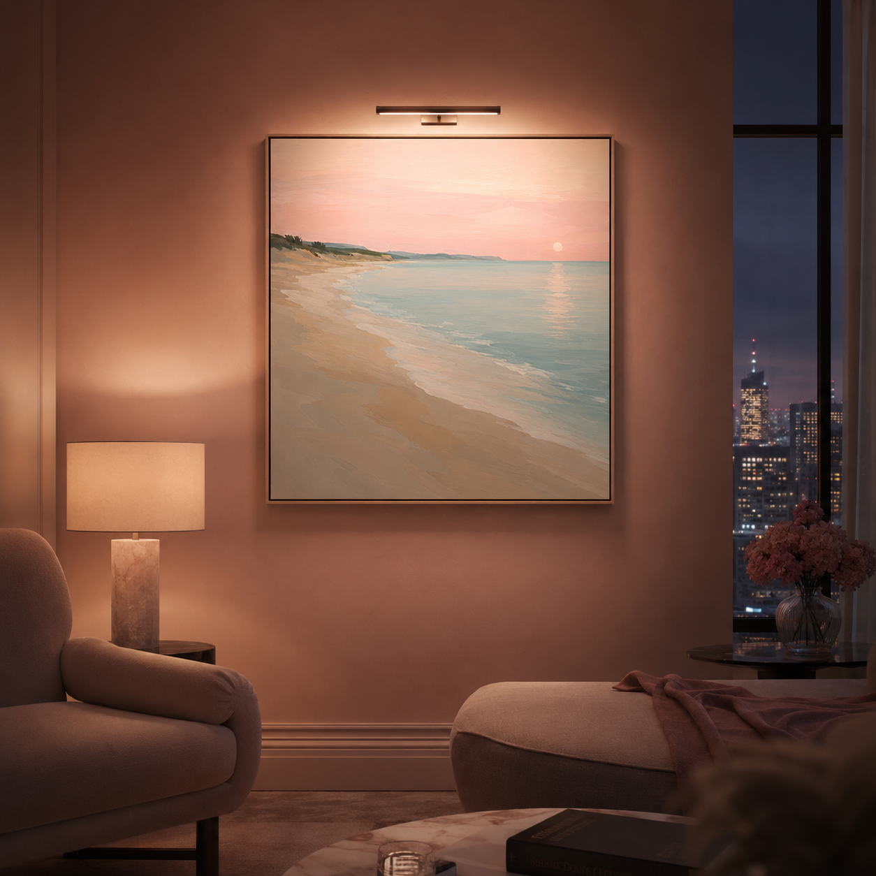Blush Horizon — Serene Coastal Sunset Wall Art