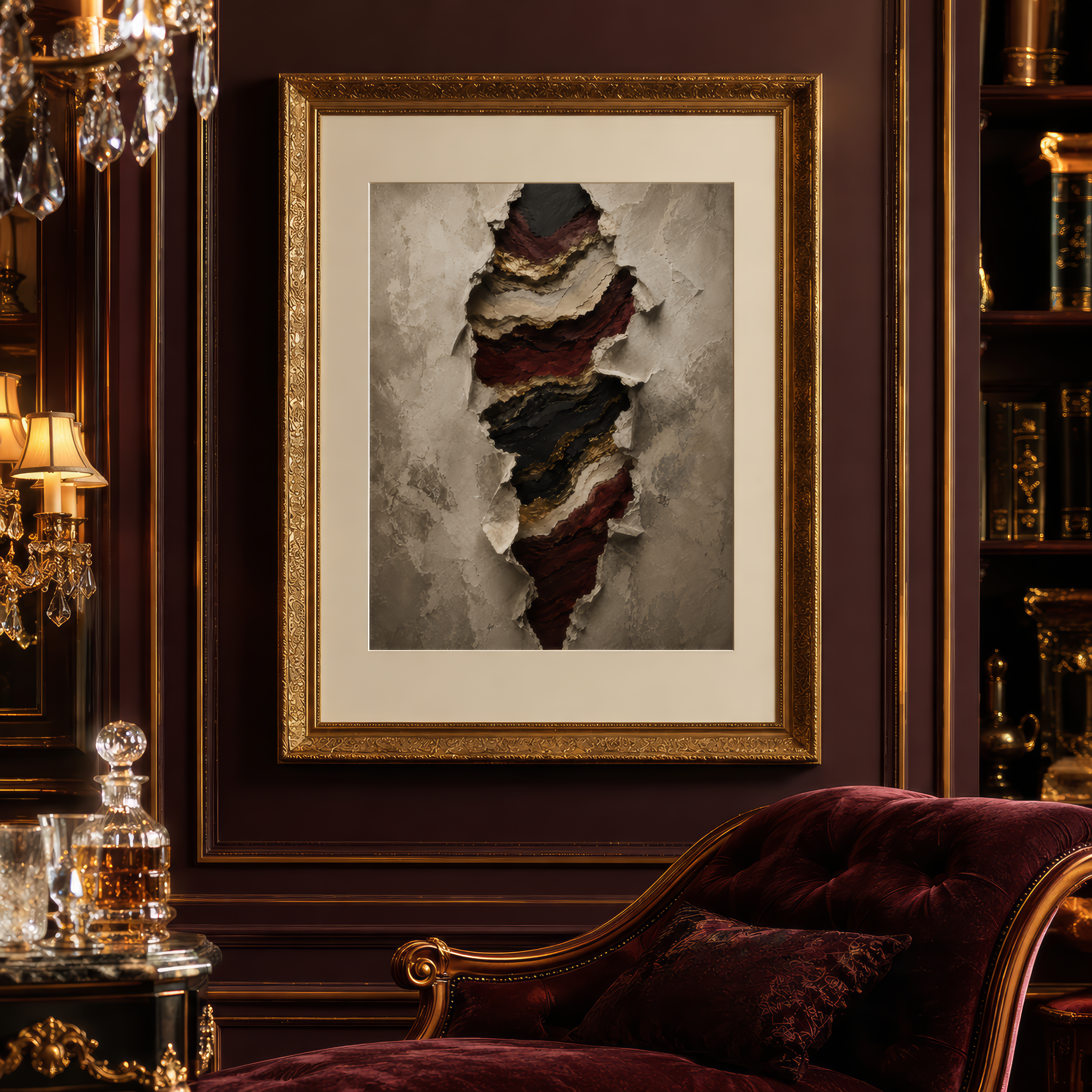 Framed abstract art piece on a wall in an elegant room with a chandelier and velvet chair.