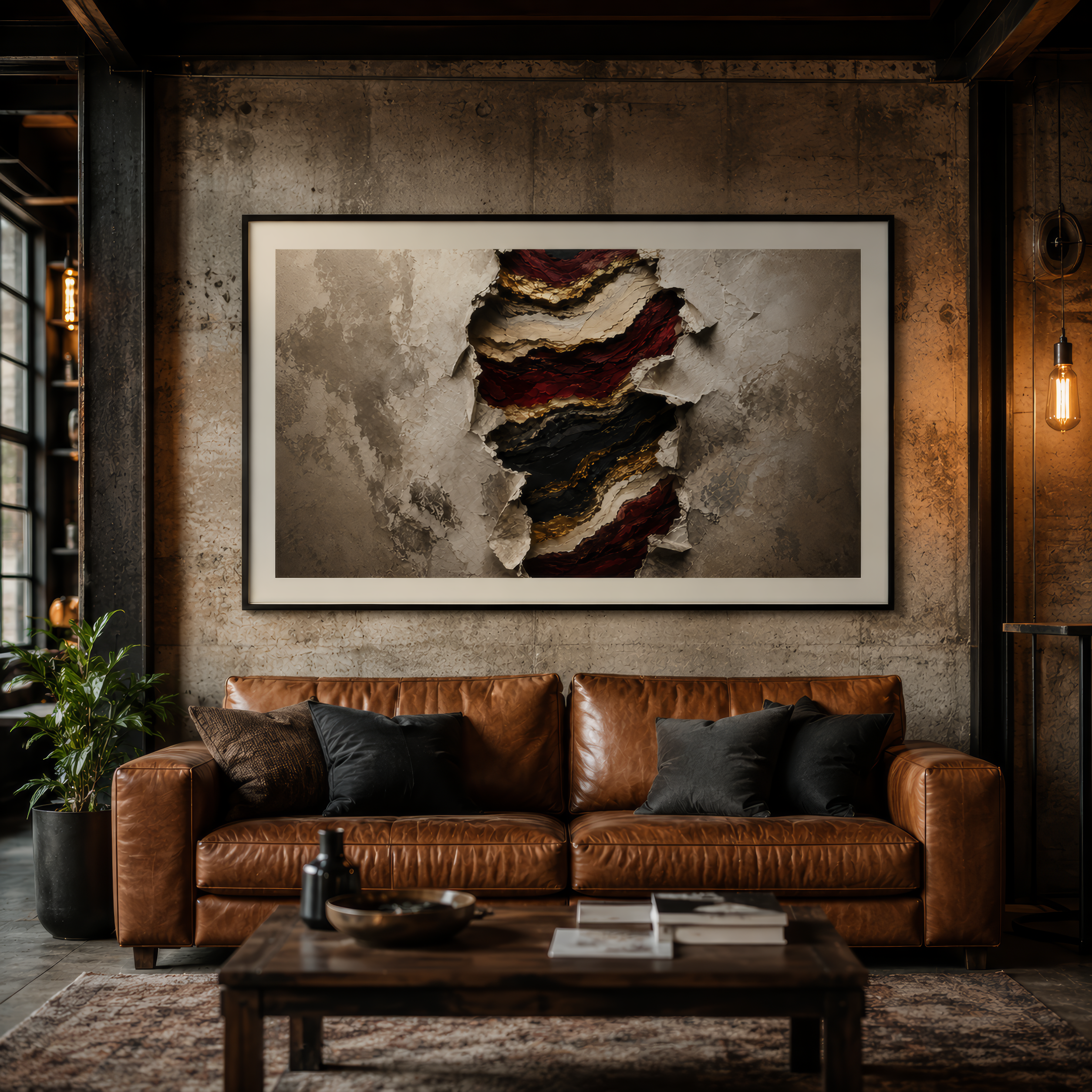Brown leather sofa in a room with a textured wall and abstract art