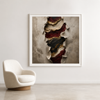 Abstract art piece on a wall above a white armchair