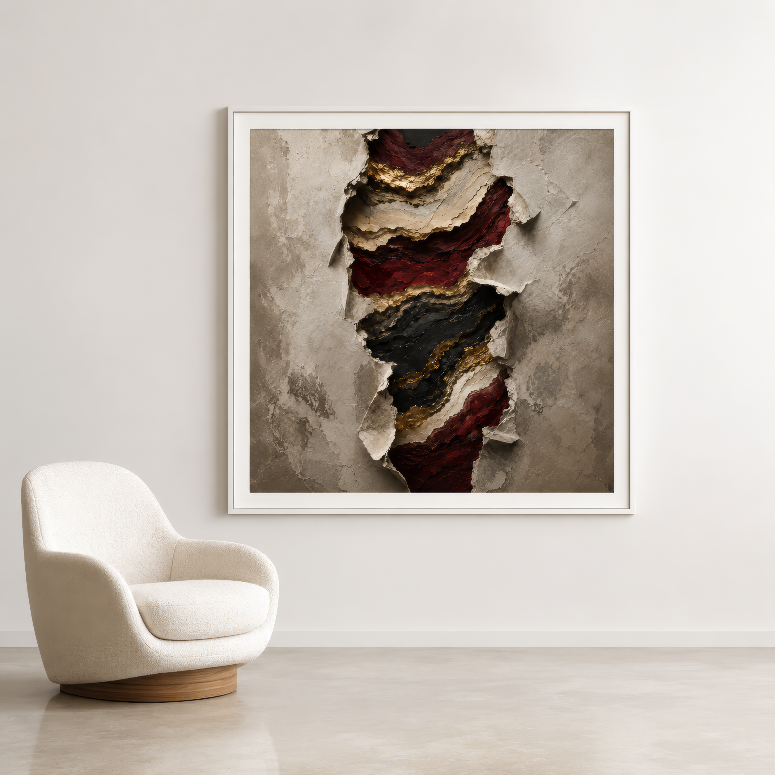Abstract art piece on a wall above a white armchair