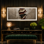 Luxurious interior with a console table, green bench, and framed abstract art on a wooden wall.
