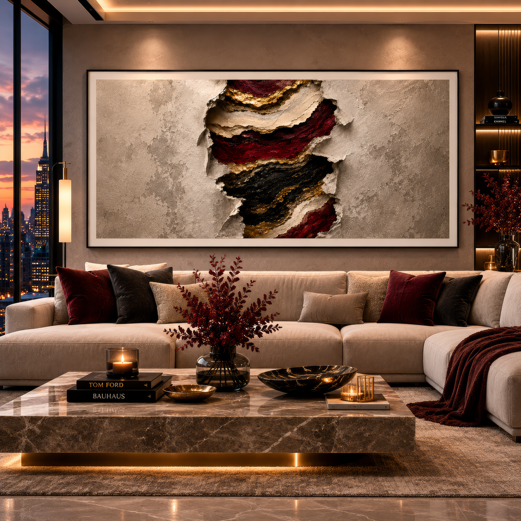 Modern living room with a large abstract painting, sectional sofa, and marble coffee table.