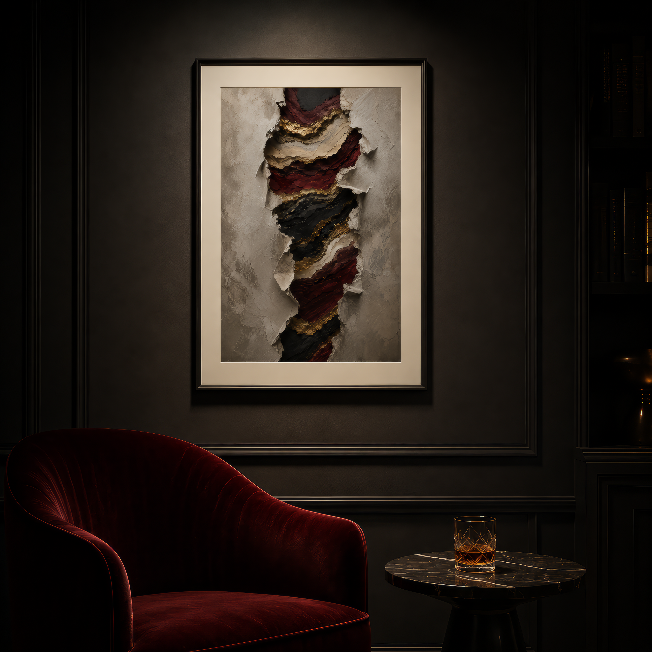 Framed abstract art on a dark wall with a red armchair and glass of whiskey.