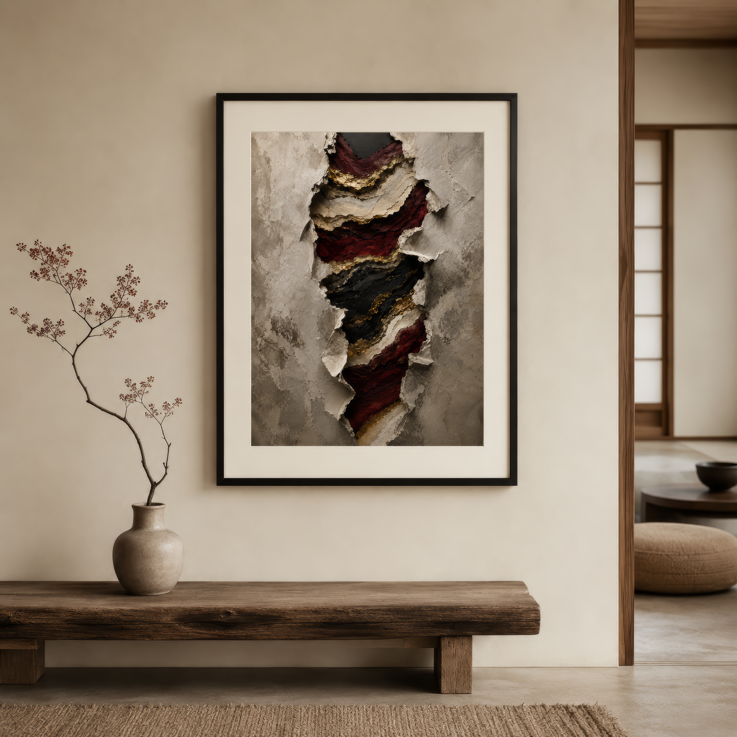 Framed abstract art piece on a wall above a wooden bench with a vase containing branches.