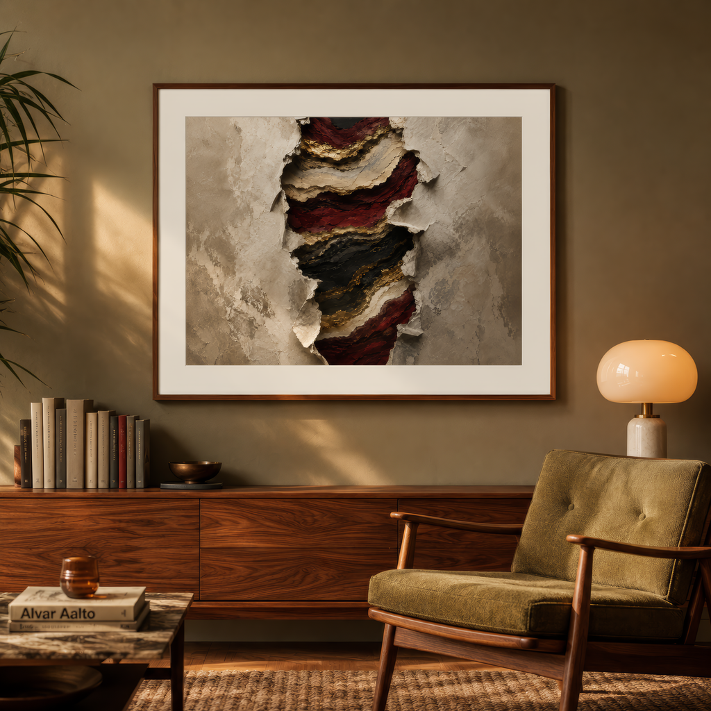 Living room with a framed abstract art piece on the wall, green armchair, wooden sideboard, and lamp.
