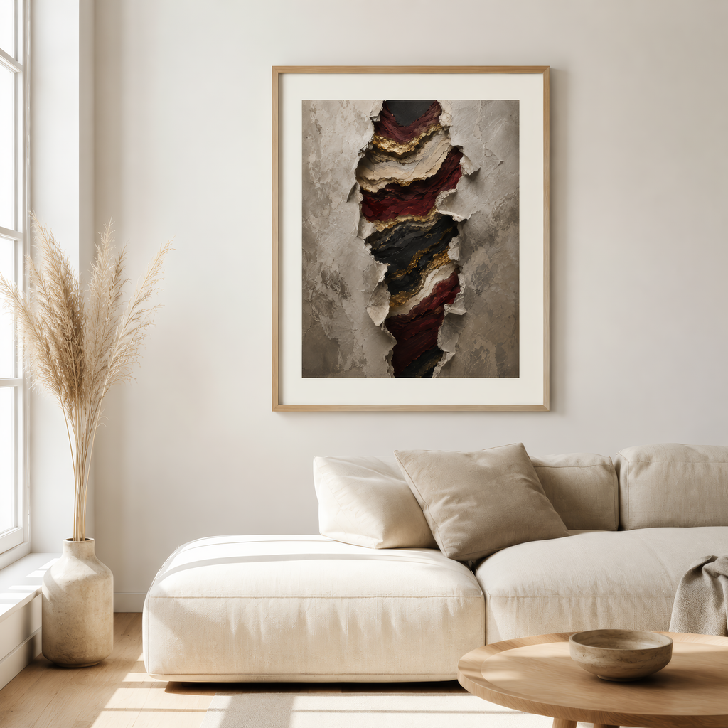 Framed abstract art piece on a wall above a beige sofa in a living room.