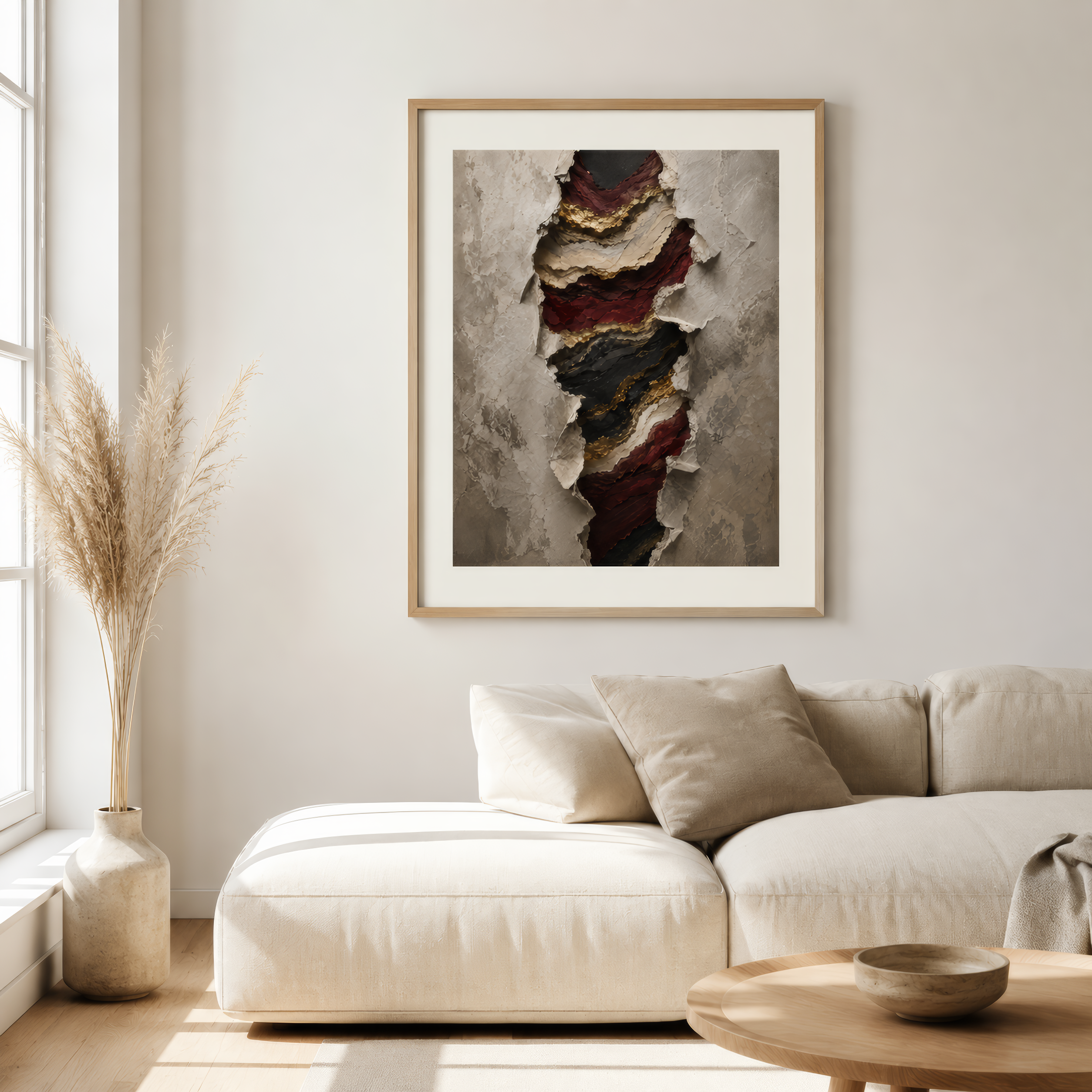 Framed abstract art piece on a wall above a beige sofa in a living room.