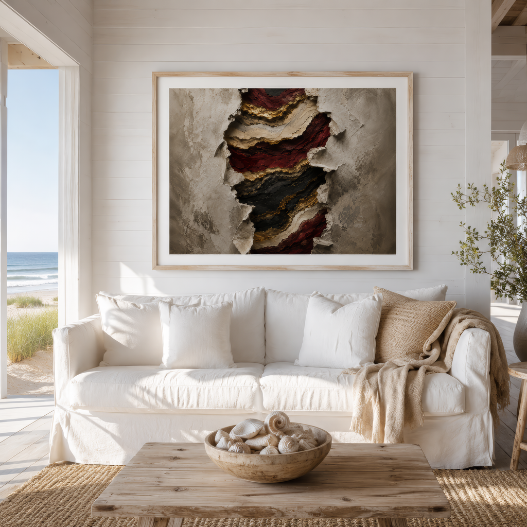 Living room with a white sofa, abstract art, and a bowl of shells on a wooden table.