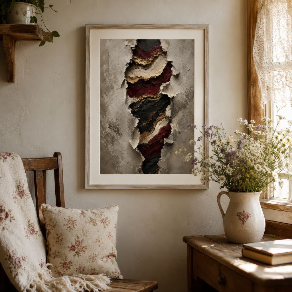 Room interior with a framed abstract art piece, wooden chair, and table with flowers.