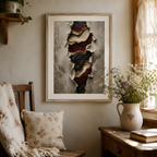 Room interior with a framed abstract art piece, wooden chair, and table with flowers.