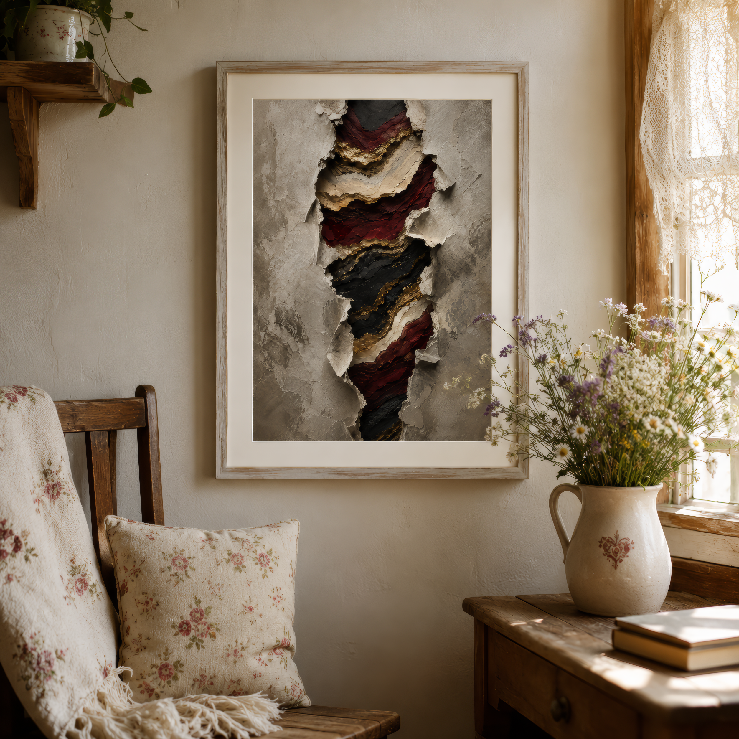 Room interior with a framed abstract art piece, wooden chair, and table with flowers.