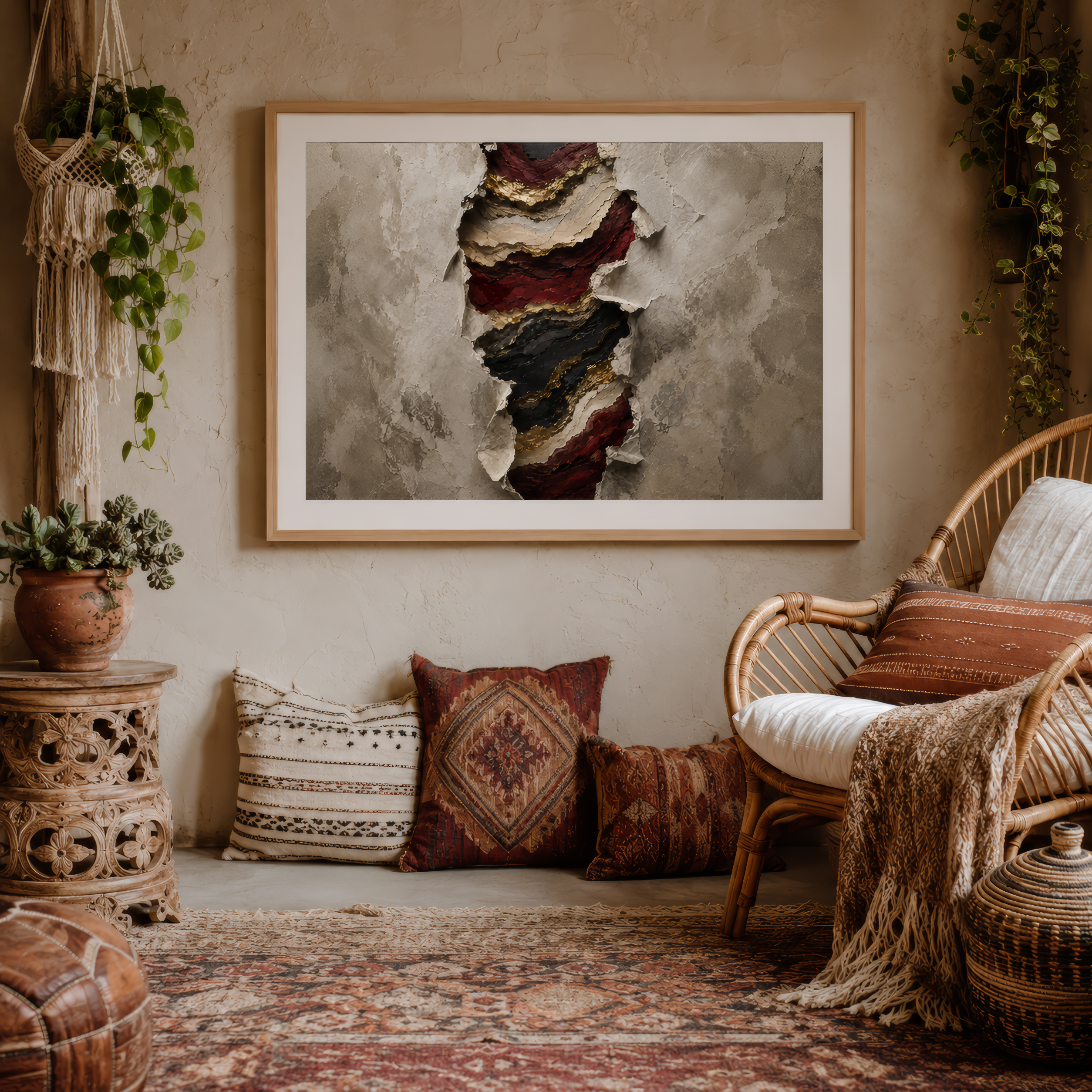 Cozy living room with wicker chair, patterned cushions, and abstract art on the wall.