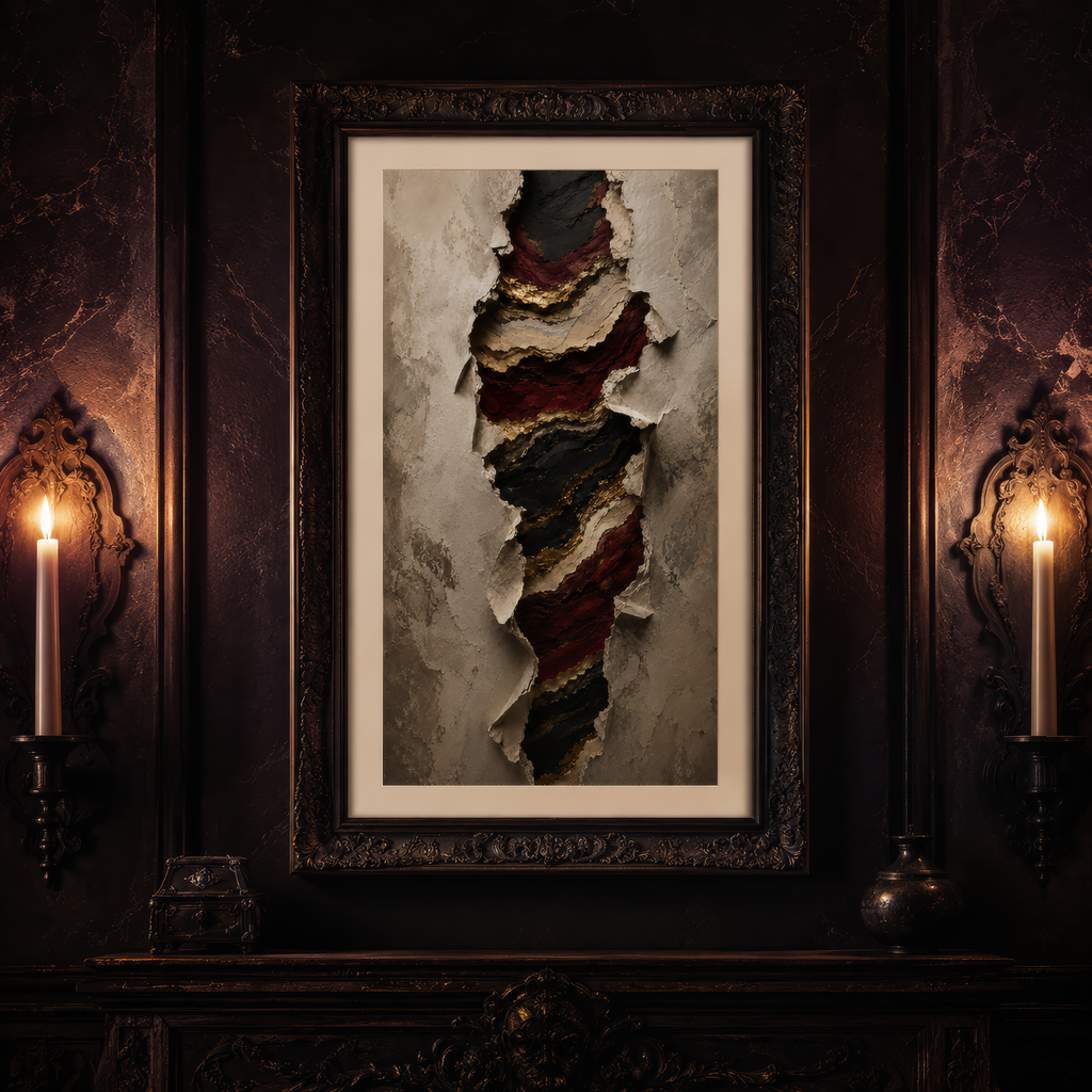 Framed abstract art piece on a dark wall with candle sconces.