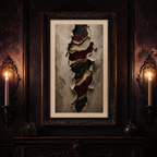 Framed abstract art piece on a dark wall with candle sconces.