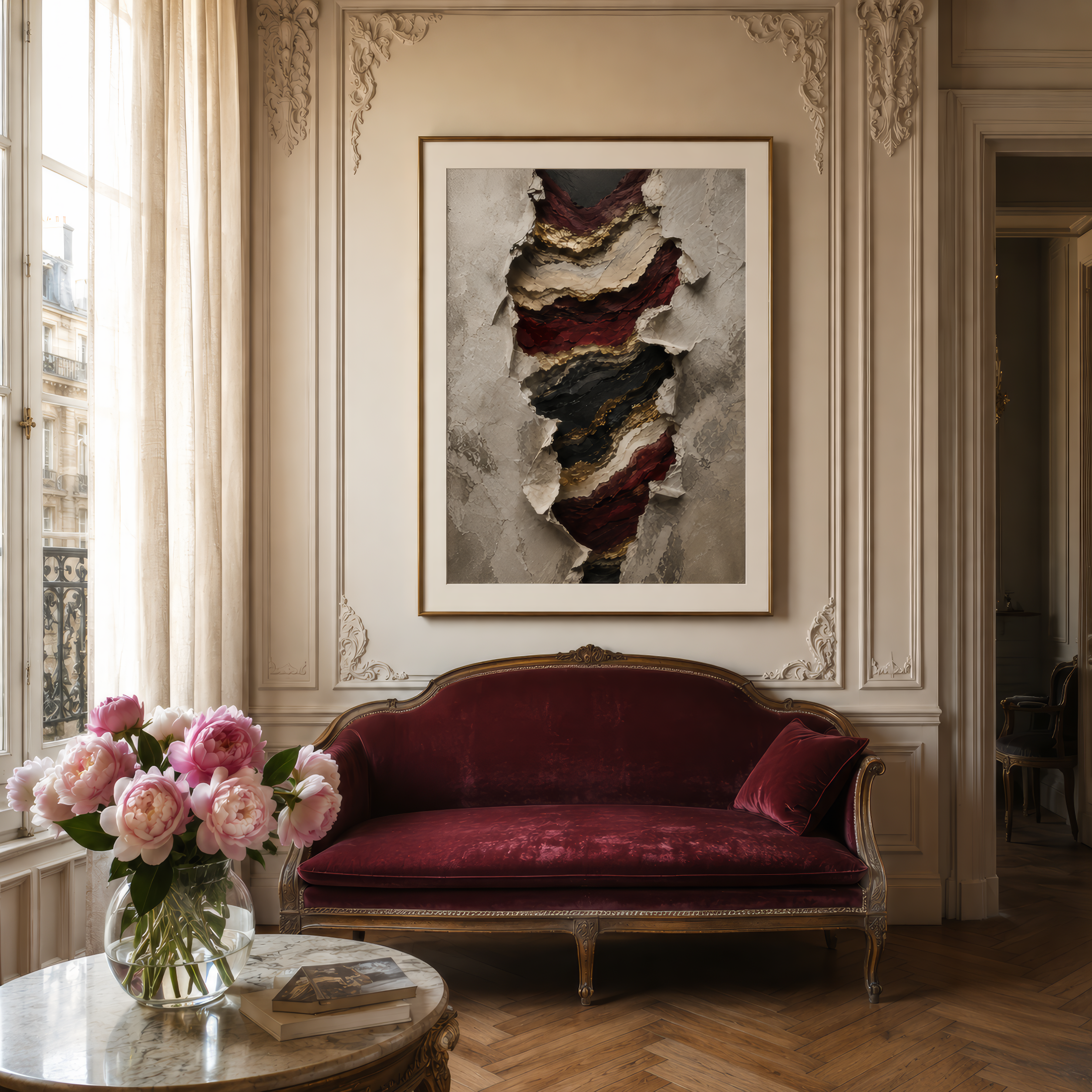 Luxurious living room with a red velvet sofa, floral arrangement, and framed artwork.