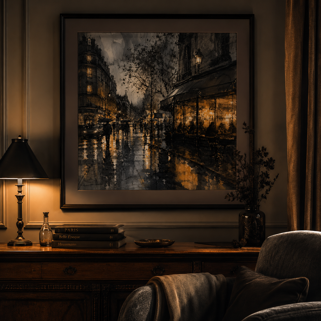 Ember After Rain — Noir Parisian Street Wall Art