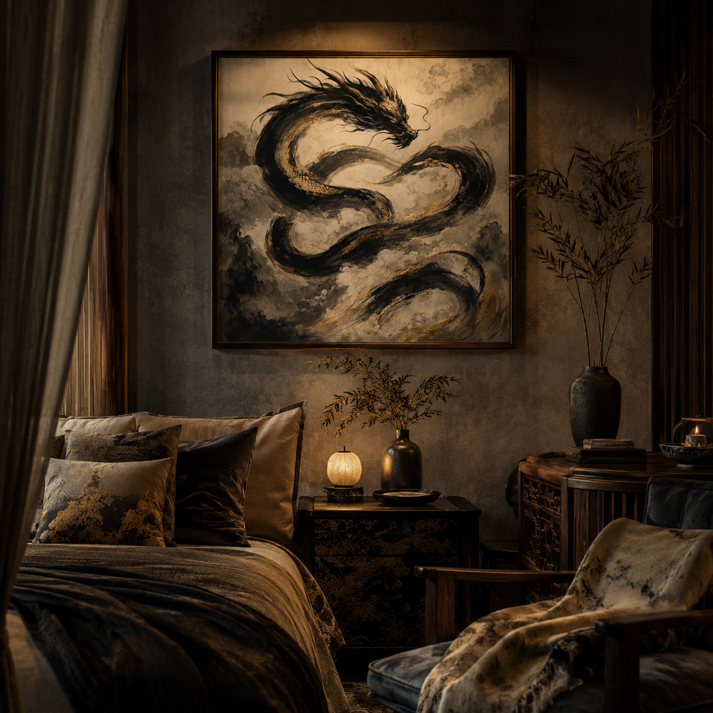 Gilded Tempest — Sumi-E Dragon Wall Art
