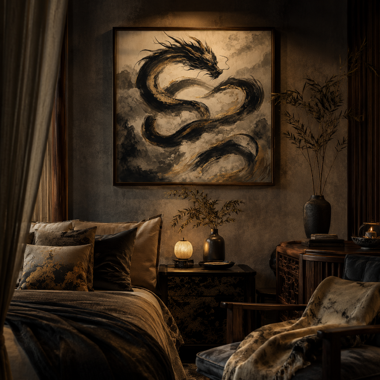 Gilded Tempest — Sumi-E Dragon Wall Art