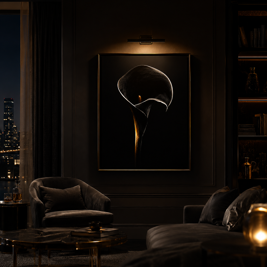 Nocturne Bloom — Minimal Noir Botanical Wall Art
