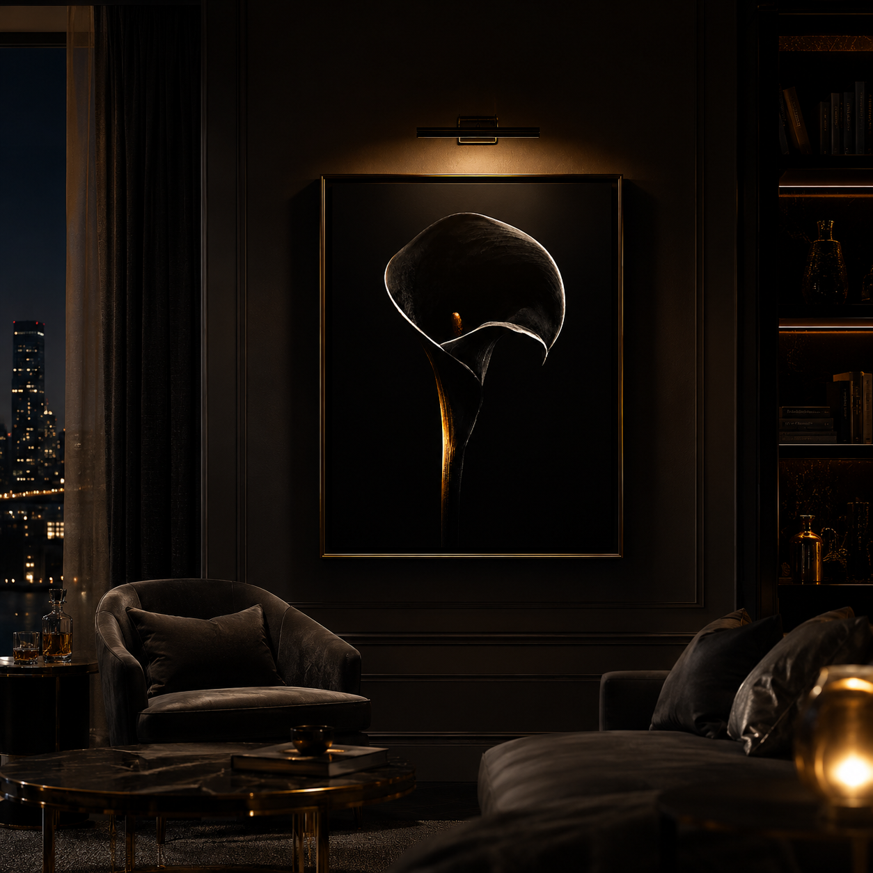 Nocturne Bloom — Minimal Noir Botanical Wall Art