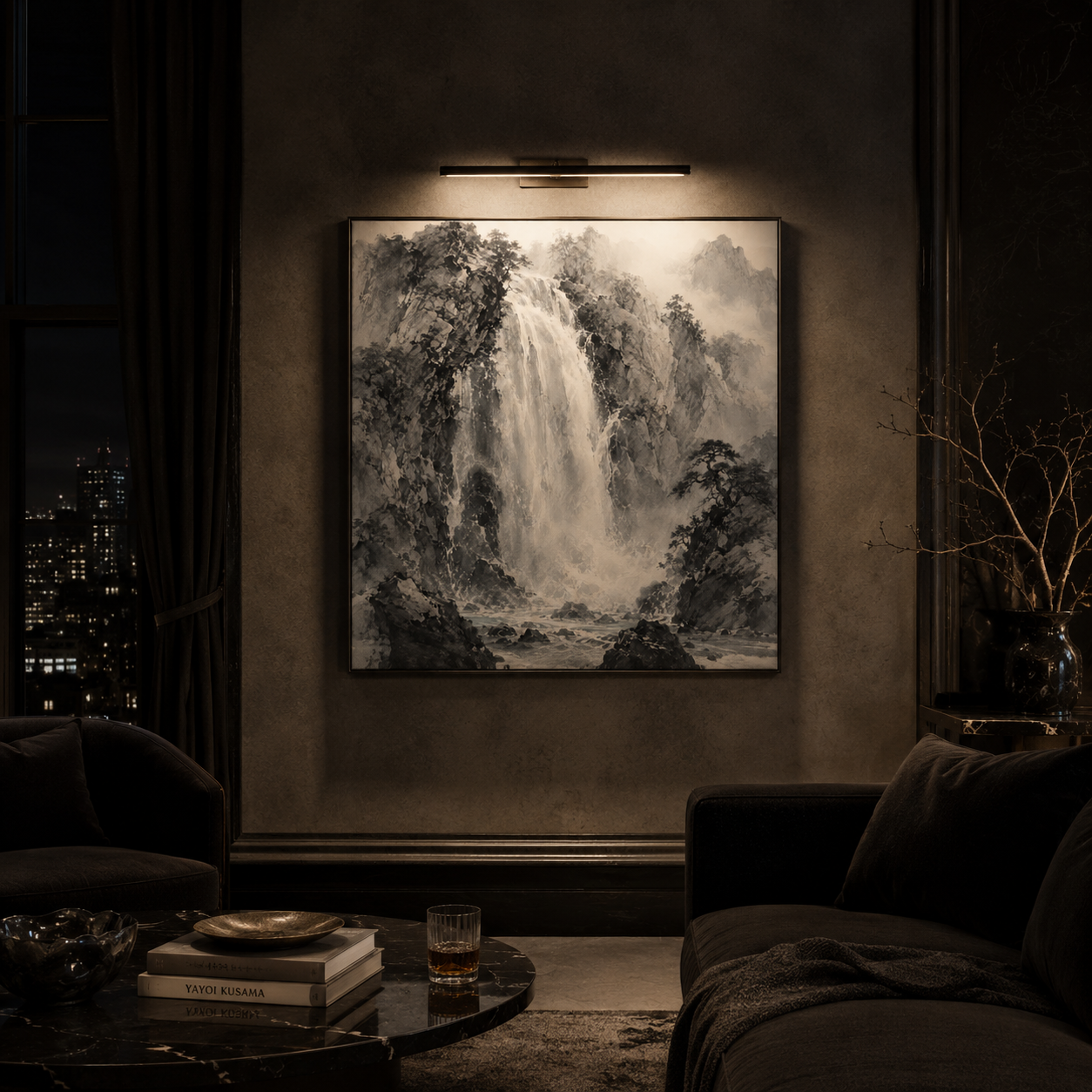 Whispering Cascade — Monochrome Mountain Wall Art