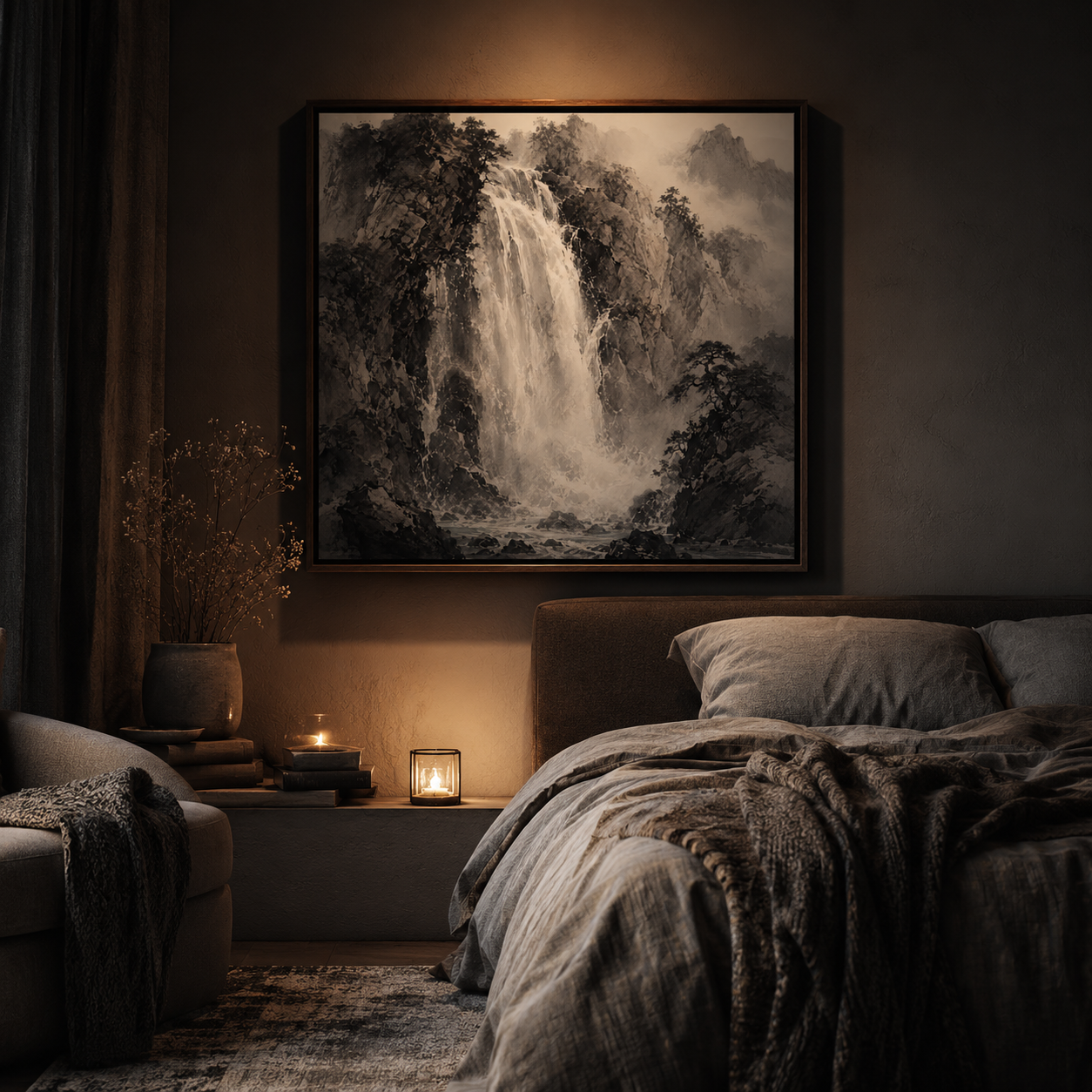 Whispering Cascade — Monochrome Mountain Wall Art