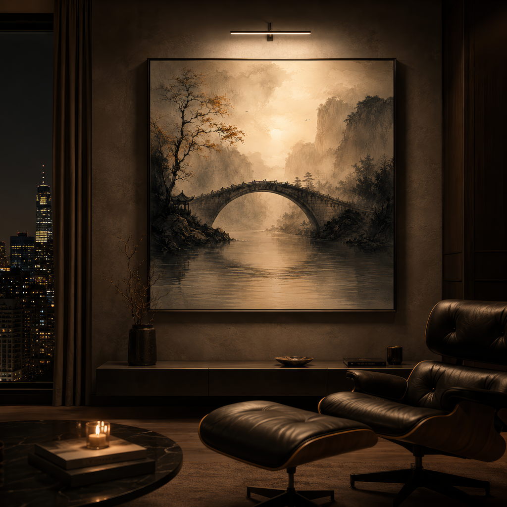 Whispering Crossing — Mist-Lit Zen Landscape Wall Art