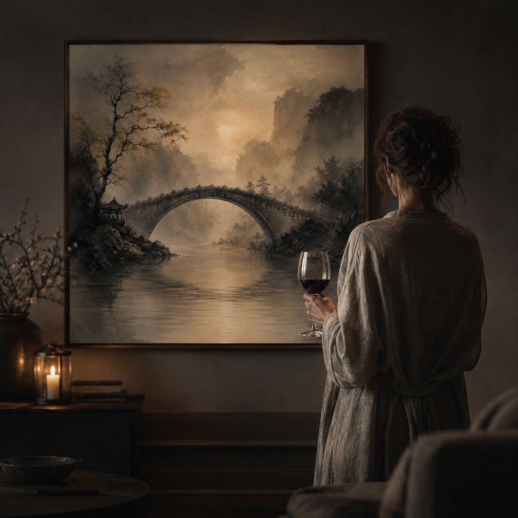 Whispering Crossing — Mist-Lit Zen Landscape Wall Art