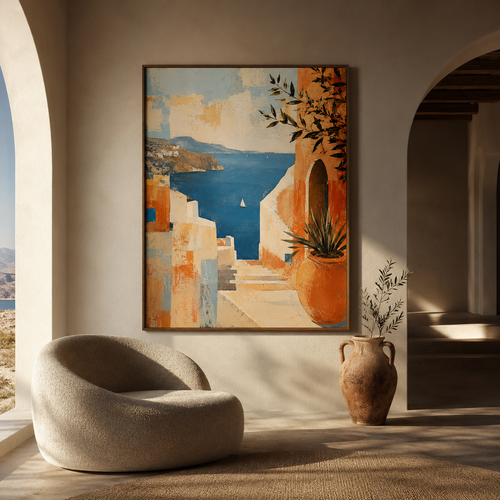 Bold painterly Mediterranean wall art — terracotta walls, cobalt Aegean sea, sailboats and olive branch, Santorini-inspired digital print.