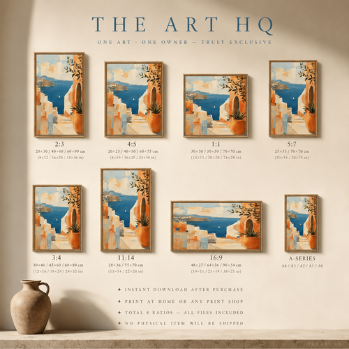 Bold painterly Mediterranean wall art — terracotta walls, cobalt Aegean sea, sailboats and olive branch, Santorini-inspired digital print.