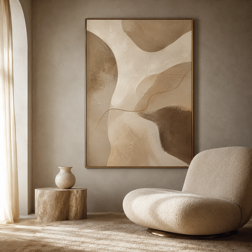 Organic abstract wall art in warm ivory, beige and taupe with sculptural texture and a delicate gold line — earthy, minimal, serene.