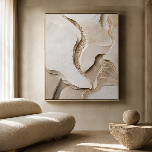 Close-up abstract wall art with organic ivory and sand strata layers, granular texture channel, neutral tones, meditative and tactile.