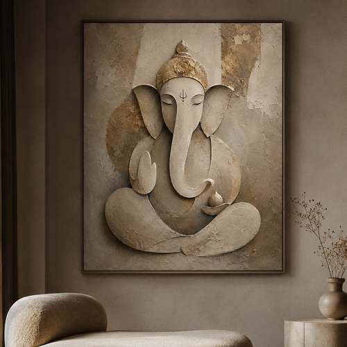 Minimalist Ganesha sculptural wall art in warm ivory and aged gold — devotional, textural, meditative digital print.