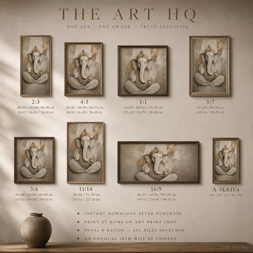 Minimalist Ganesha sculptural wall art in warm ivory and aged gold — devotional, textural, meditative digital print.
