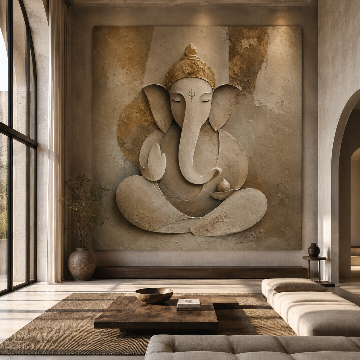 Minimalist Ganesha sculptural wall art in warm ivory and aged gold — devotional, textural, meditative digital print.